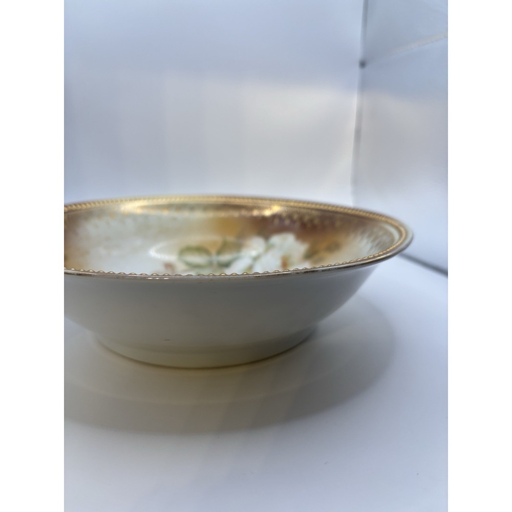 Antique P.K. Silesia Porcelain Serving Bowl Bridal Roses Gold Beaded Rim 1914-22 - Picture 4 of 14